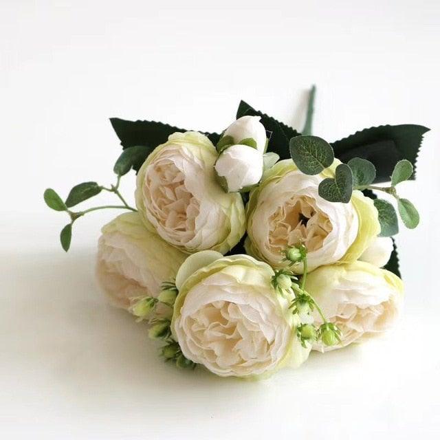 Silk rose bouquet with 5 cream roses and green foliage for home wedding decor on Tampa Home & Garden Store