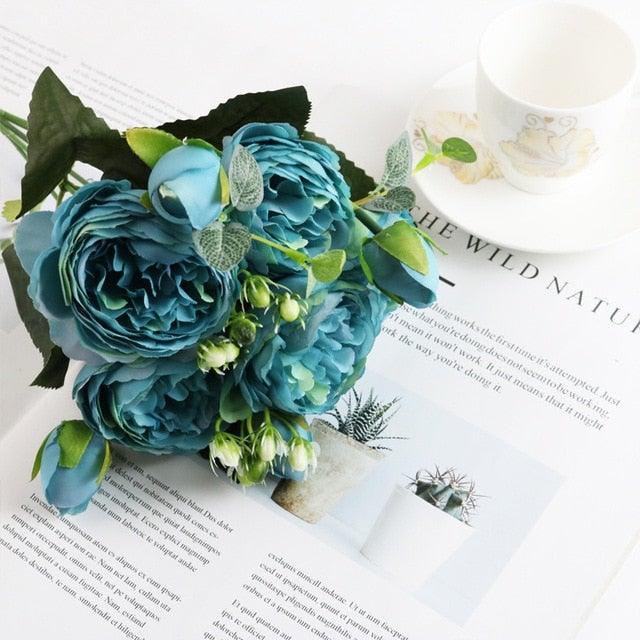 Artificial rose bouquet with blue silk peonies and green leaves Stevvex on Tampa Home & Garden Store