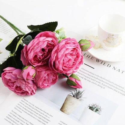 Artificial pink rose bouquet with silk peony blooms, Stevvex ST50DE7262GDO on Tampa Home & Garden Store