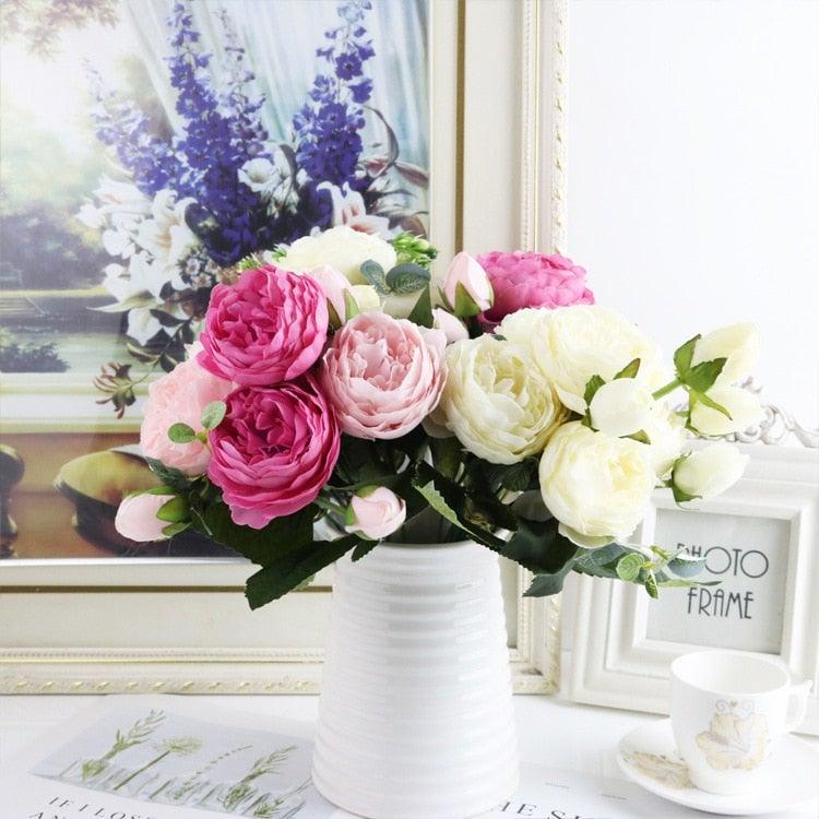 Stevvex artificial rose bouquet with pink and ivory silk blooms in a white ribbed vase on Tampa Home & Garden Store
