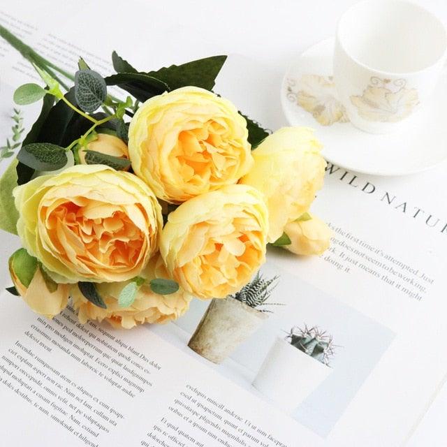 Artificial yellow rose bouquet with silk peony blooms and green foliage (4 stems) on Tampa Home & Garden Store