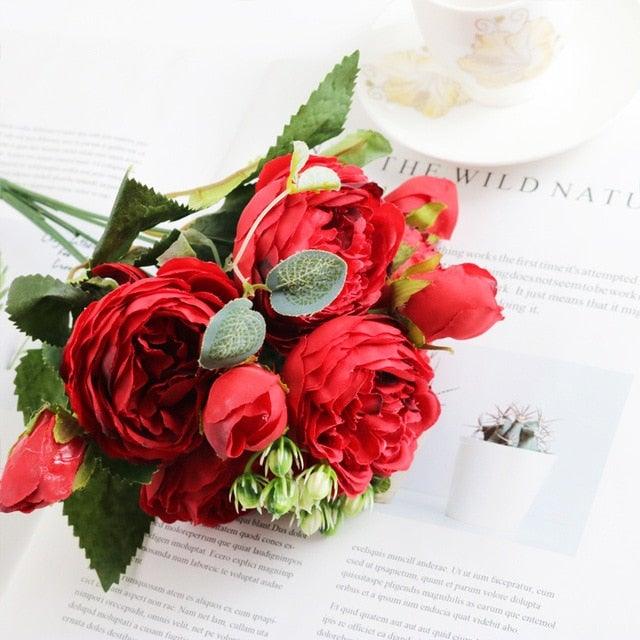 Silk rose bouquet artificial red roses with green leaves Stevvex home wedding decor on Tampa Home & Garden Store