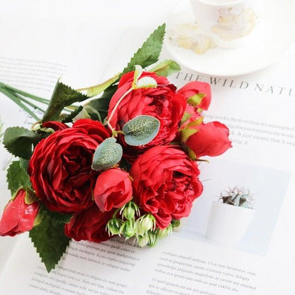 Silk rose bouquet artificial red roses with green leaves Stevvex home wedding decor on Tampa Home & Garden Store