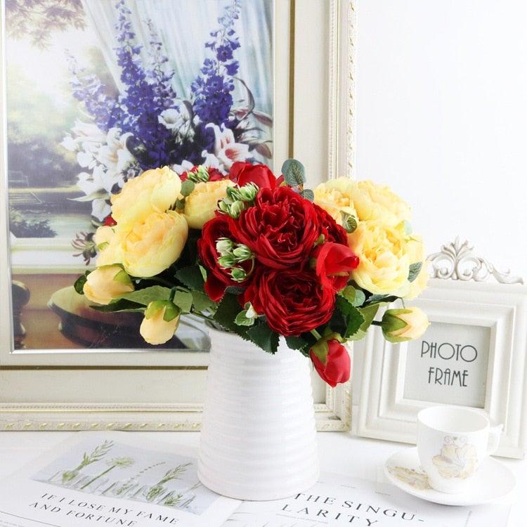 Silk rose bouquet Stevvex in white ribbed vase with red and yellow blooms on Tampa Home & Garden Store
