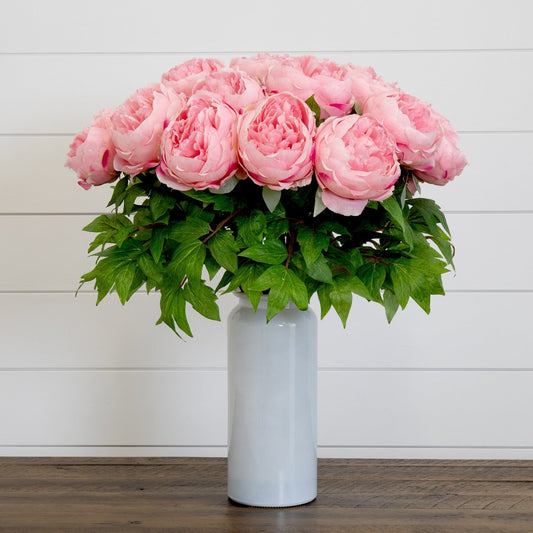Signature Collection 20” Peony Artificial Arrangement in White  Glass Vase - Tampa Home & Garden Store