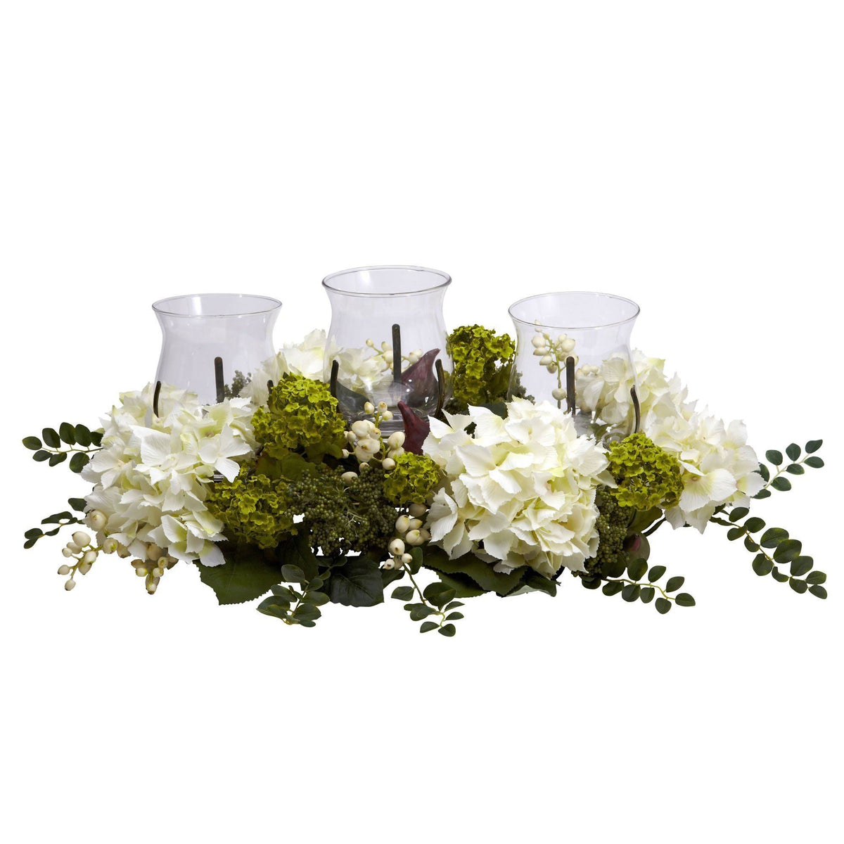 Snowball Hydrangea Triple Candle Holder with three clear glass hurricane vases and white blooms on Tampa Home & Garden Store
