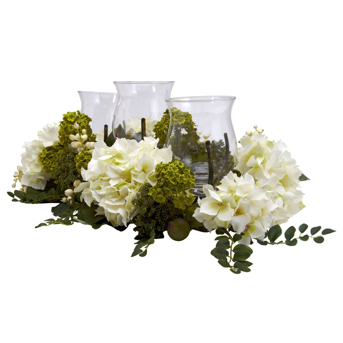 Snowball Hydrangea Triple Candle Holder by Nearly Natural glass vase with white blooms on Tampa Home & Garden Store