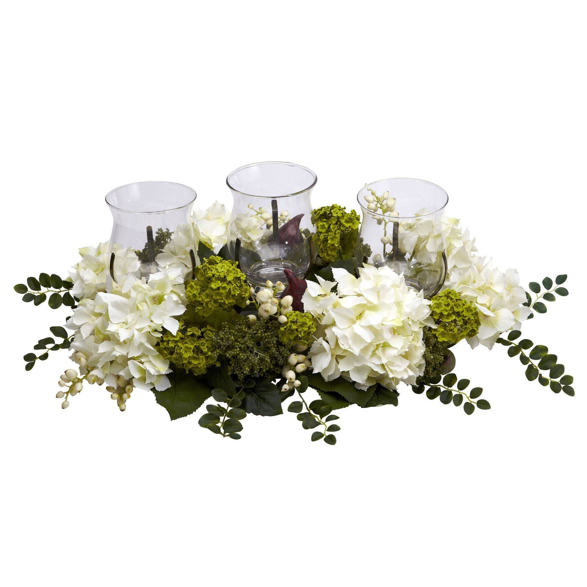 Snowball Hydrangea Triple Candle Holder Nearly Natural hydrangea with three glass hurricanes on Tampa Home & Garden Store