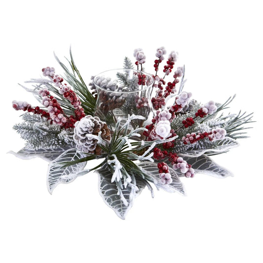 Snowy Magnolia Berry Candelabrum by Nearly Natural with frosted red berries and magnolia leaves on Tampa Home & Garden Store