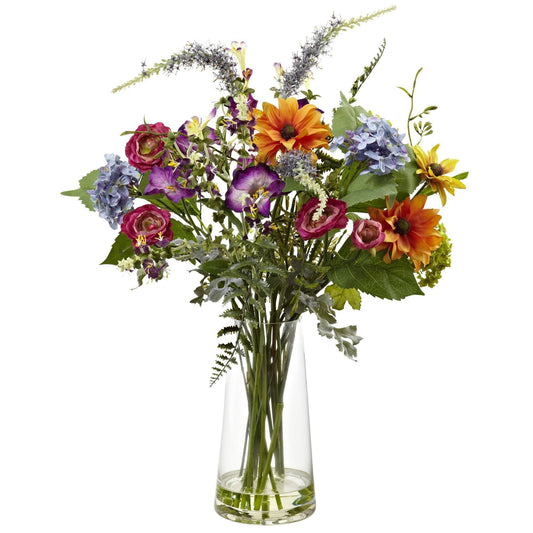 Spring Garden Floral w/Vase Nearly Natural with sunflowers, roses and hydrangeas in clear vase on Tampa Home & Garden Store