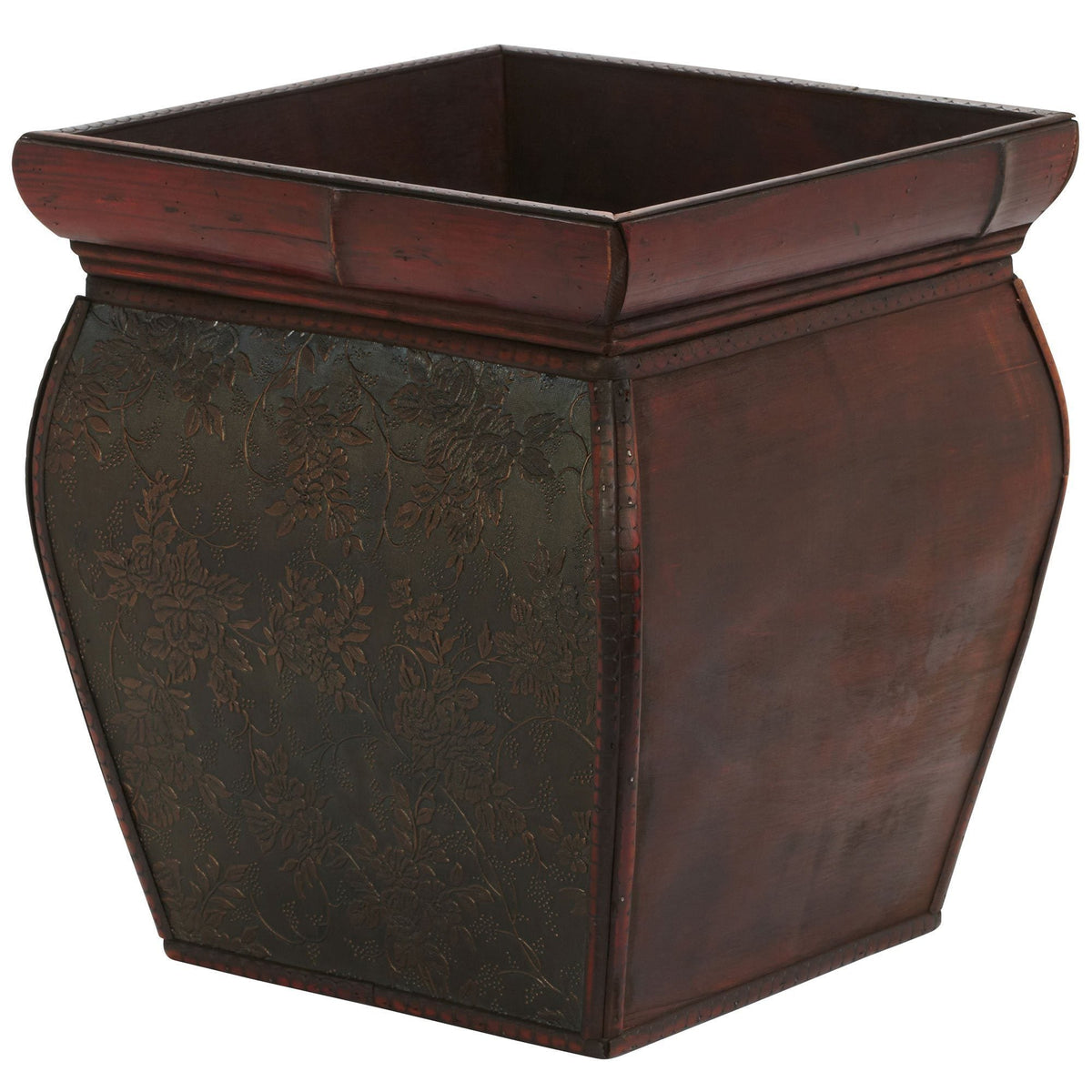 Square wooden planter with rim in dark espresso finish; set of 4 with carved floral panels on Tampa Home & Garden Store