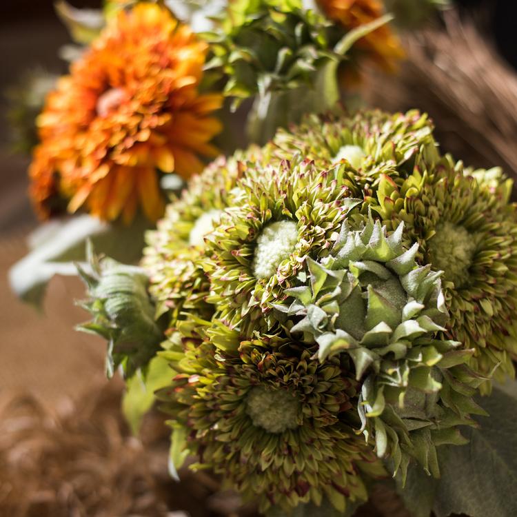 Artificial sunflower bouquet 18in tall in green or orange, RusticReach flowering plants on Tampa Home & Garden Store