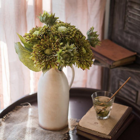 Artificial sunflower bouquet in green tones, 18in tall, arranged in a white ceramic pitcher on Tampa Home & Garden Store