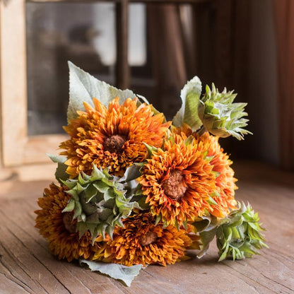 Artificial sunflower bouquet with orange blooms and green leaves, 18 inches tall on Tampa Home & Garden Store
