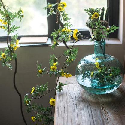 Artificial Sunflower Vine 67 inches long in teal glass vase with greenery RusticReach on Tampa Home & Garden Store