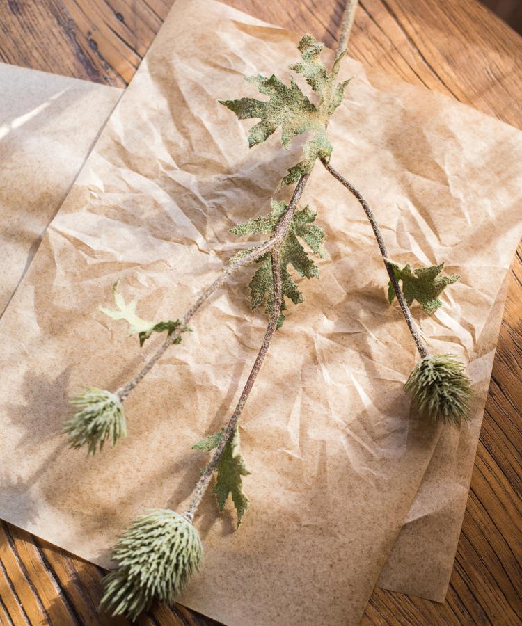 Faux silk thistle stem, 26-inch tall, green spiky flower heads with lobed leaves by RusticReach on Tampa Home & Garden Store