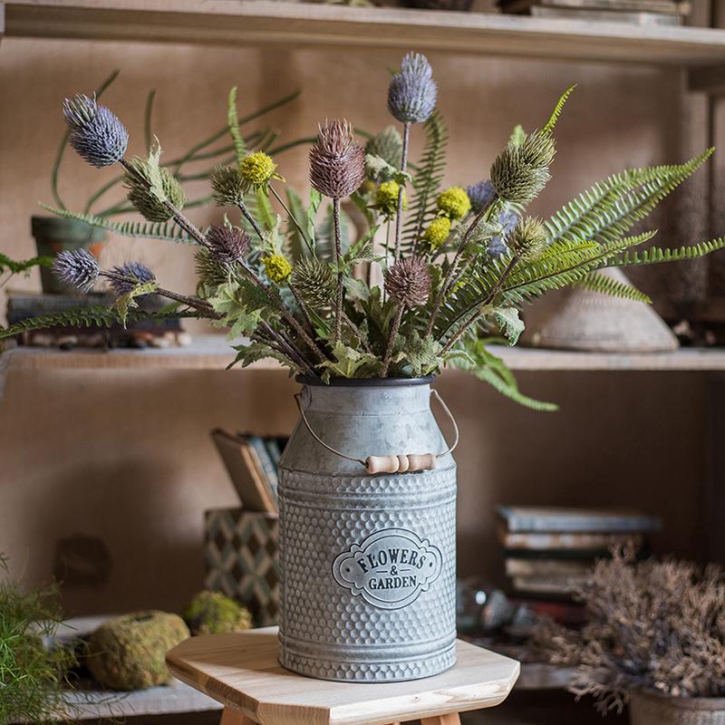 Faux Silk Thistle Flower Stem in a galvanized milk can vase, 26 inches tall, purple blooms on Tampa Home & Garden Store