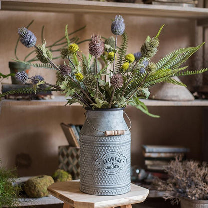Faux Silk Thistle Flower Stem in a galvanized milk can vase, 26 inches tall, purple blooms on Tampa Home & Garden Store