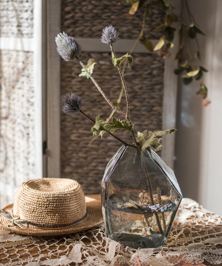 Faux Silk Thistle Stem 26 inches tall in a glass vase with purple heads RusticReach on Tampa Home & Garden Store
