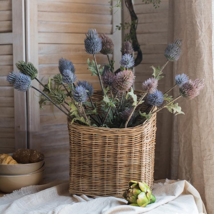 Faux Silk Thistle Stem 26 tall wicker basket with blue purple artificial blooms RusticReach on Tampa Home & Garden Store