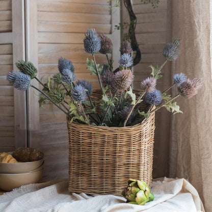 Faux Silk Thistle Stem 26 tall wicker basket with blue purple artificial blooms RusticReach on Tampa Home & Garden Store