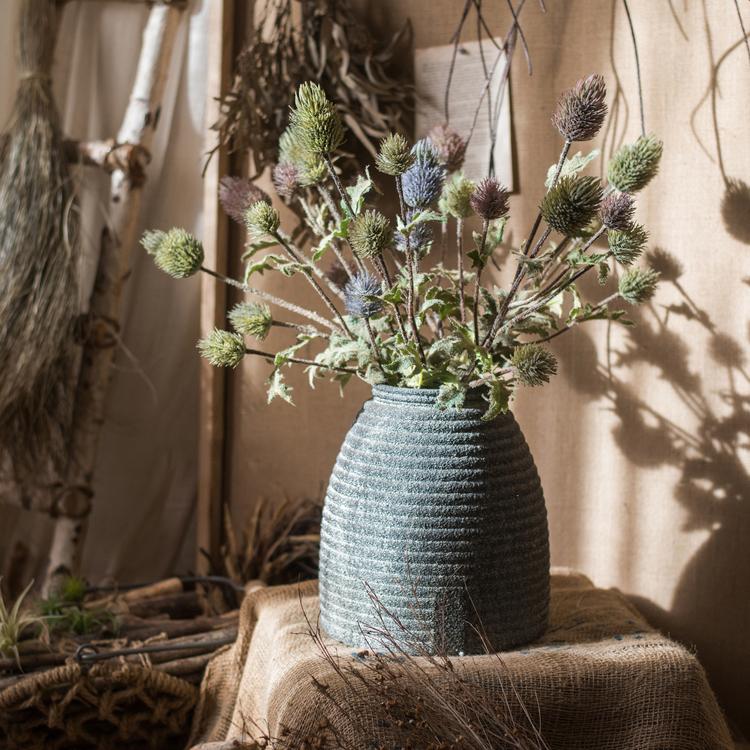 Faux Silk Thistle Stem 26in tall in blue-gray vase with green and purple seed heads on Tampa Home & Garden Store
