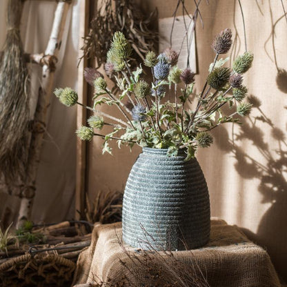 Faux Silk Thistle Stem 26in tall in blue-gray vase with green and purple seed heads on Tampa Home & Garden Store