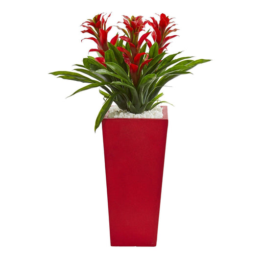 Triple Bromeliad Artificial Plant in Red Planter - Tampa Home & Garden Store