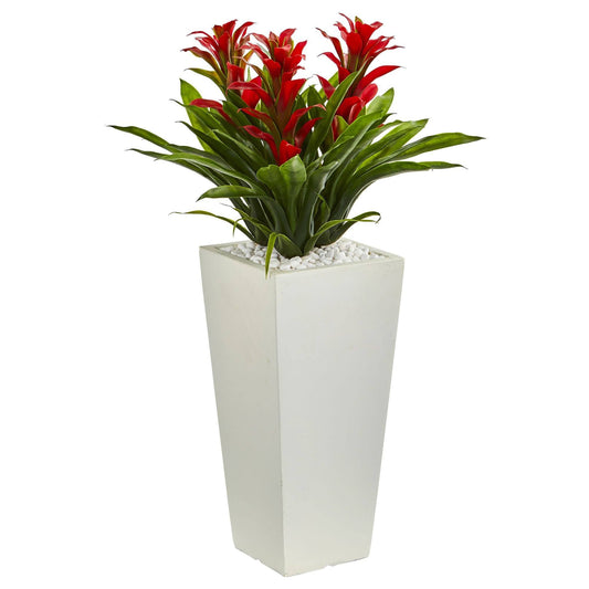 Triple Bromeliad Artificial Plant in White Tower Planter - Tampa Home & Garden Store
