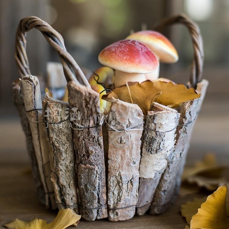 Artificial Veggie Mushroom 4.7in tall by RusticReach in a birch-log basket with autumn leaves on Tampa Home & Garden Store