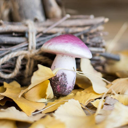 Artificial Veggie Mushroom 4.7in tall with purple cap and white stem among leaves on Tampa Home & Garden Store