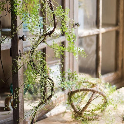 Artificial Vines Maidenhair Fern 55 long by RusticReach, trailing green vines on a wooden shelf on Tampa Home & Garden Store
