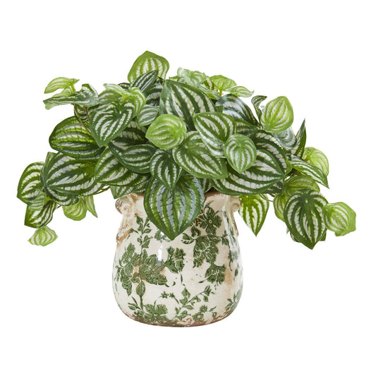 Watermelon Peperomia artificial plant in vase with green leaves Nearly Natural Real Touch on Tampa Home & Garden Store