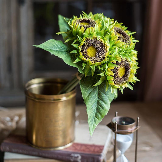 Artificial silk yellow sunflower bouquet 13-inch tall in a brass can vase on Tampa Home & Garden Store