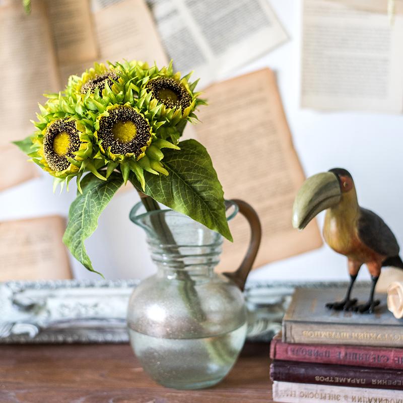 Artificial Silk Yellow Sunflower Bouquet 13 inches tall RusticReach in a glass pitcher vase on Tampa Home & Garden Store