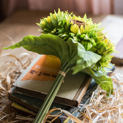 Artificial silk yellow sunflower bouquet RusticReach, 13\" tall with green bound stems on books on Tampa Home & Garden Store