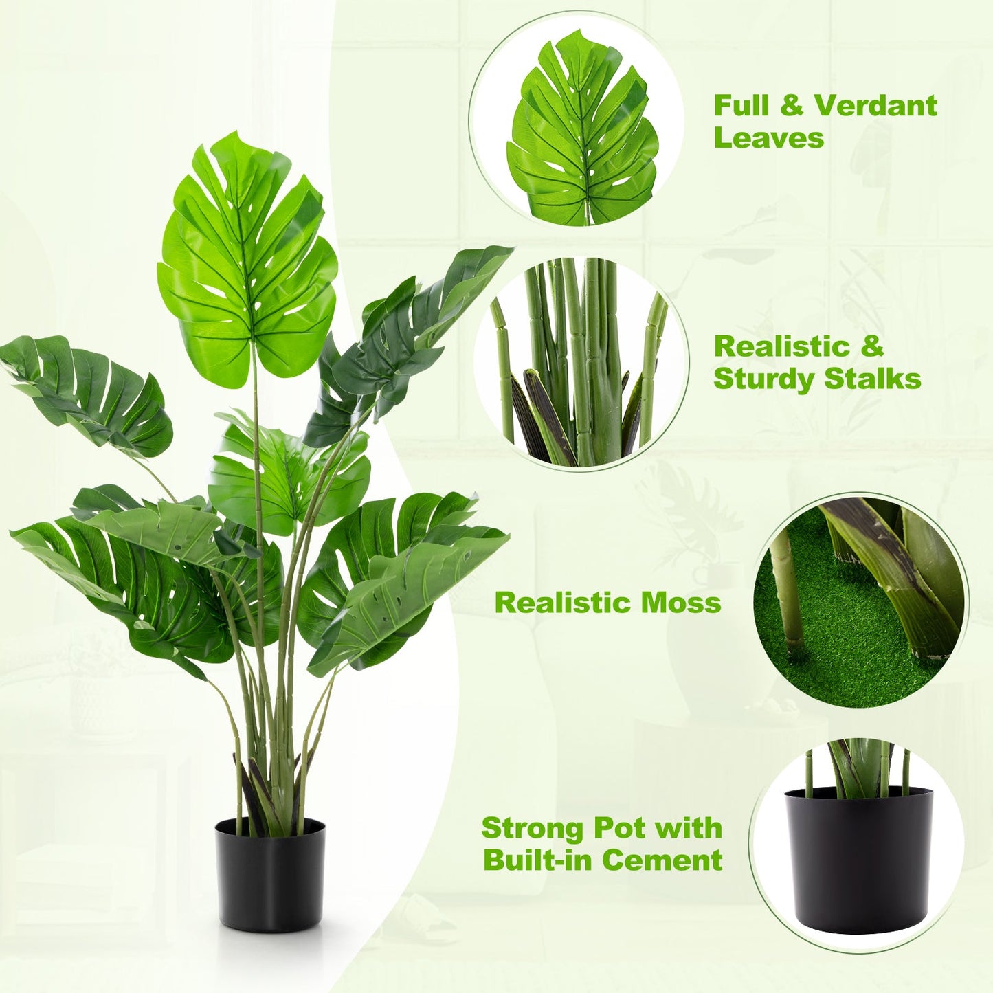 Árbol de Monstera Deliciosa Artificial de 4 Pies con 10 Hojas de Diferentes Tamaños