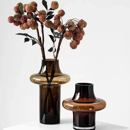 Amber glass bulbous vase pair by Decorbites; tall and short vases with curved necks on Tampa Home & Garden Store