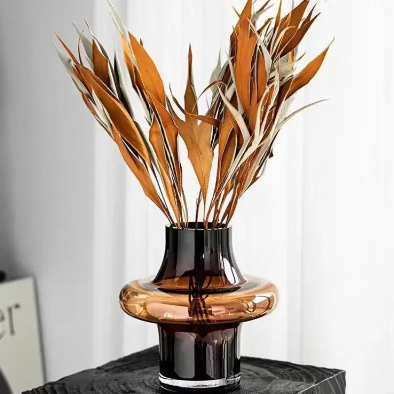 Amber Glass Bulbous Vase by Decorbites, black neck, ring detail, with dried brown foliage on Tampa Home & Garden Store