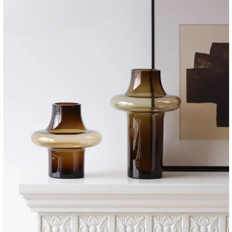 Amber glass bulbous vases set (2) by Decorbites on mantel on Tampa Home & Garden Store