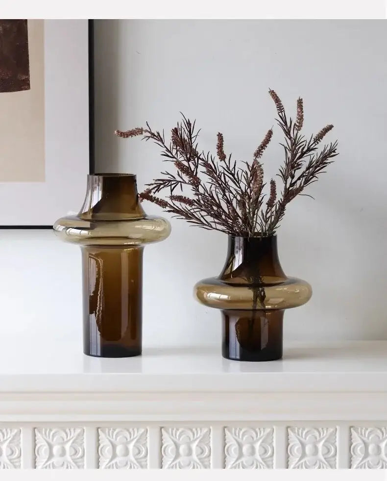 Set of 2 amber glass bulbous vases with ringed midsection, Decorbites, holding dried stems on Tampa Home & Garden Store