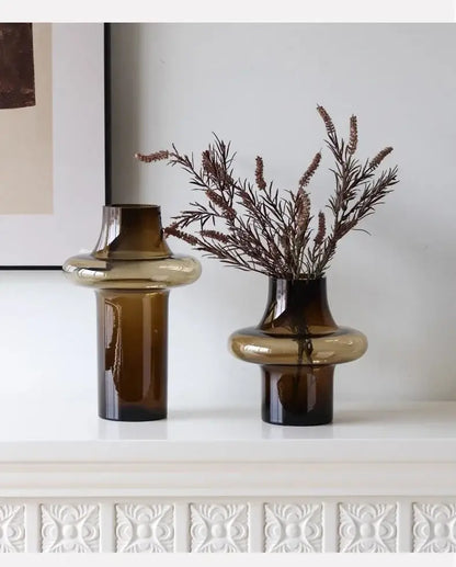 Set of 2 amber glass bulbous vases with ringed midsection, Decorbites, holding dried stems on Tampa Home & Garden Store
