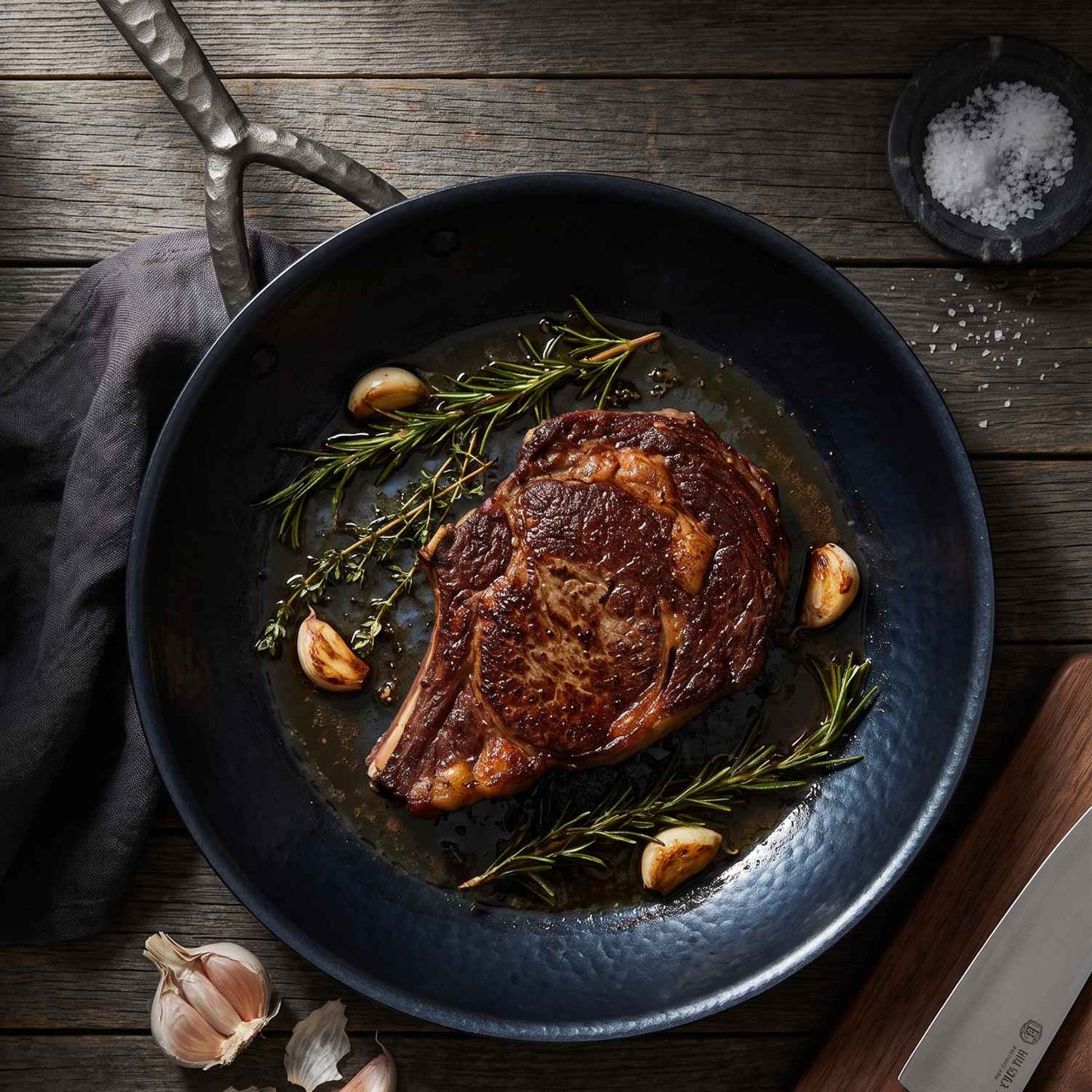 Alva Cookware carbon steel frying pan with seared steak, garlic, rosemary in oil on Tampa Home & Garden Store