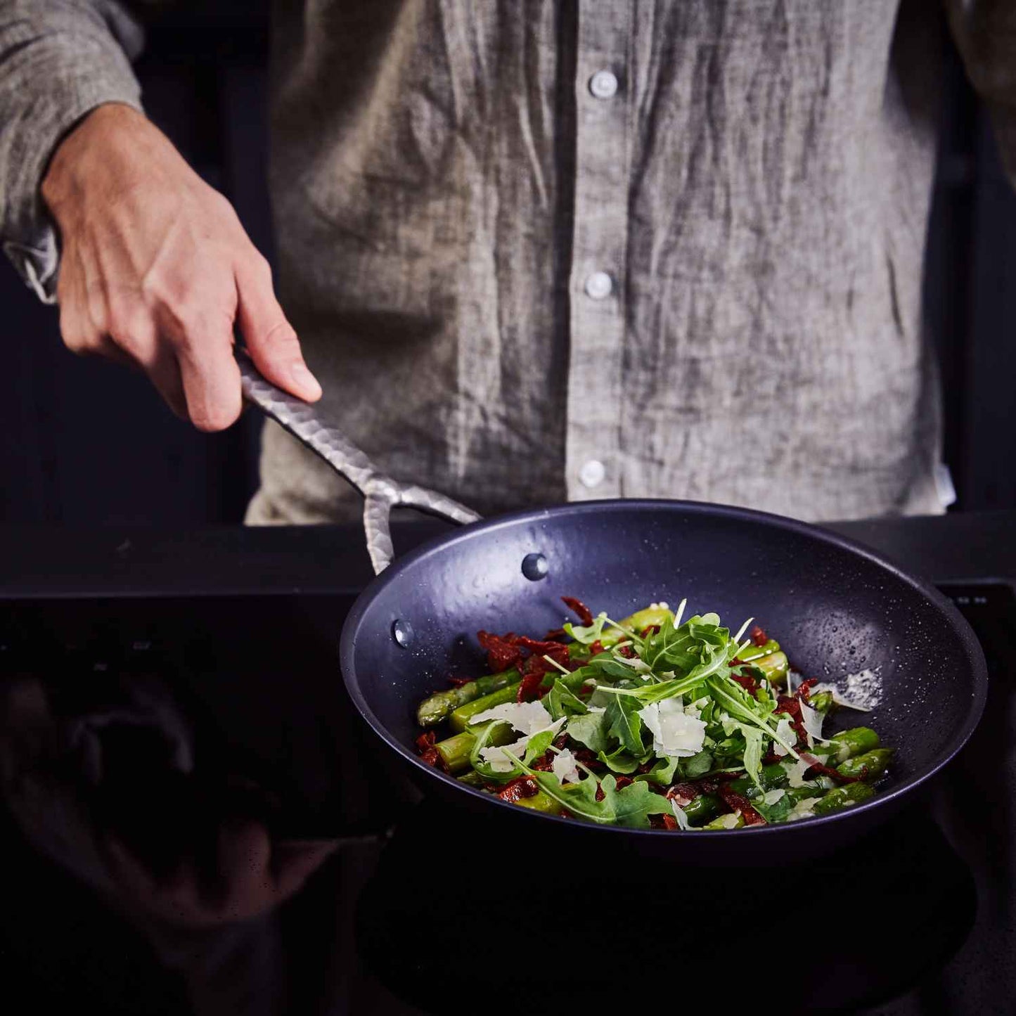 Carbon Steel Frying Pan with greens and parmesan shavings on Tampa Home & Garden Store