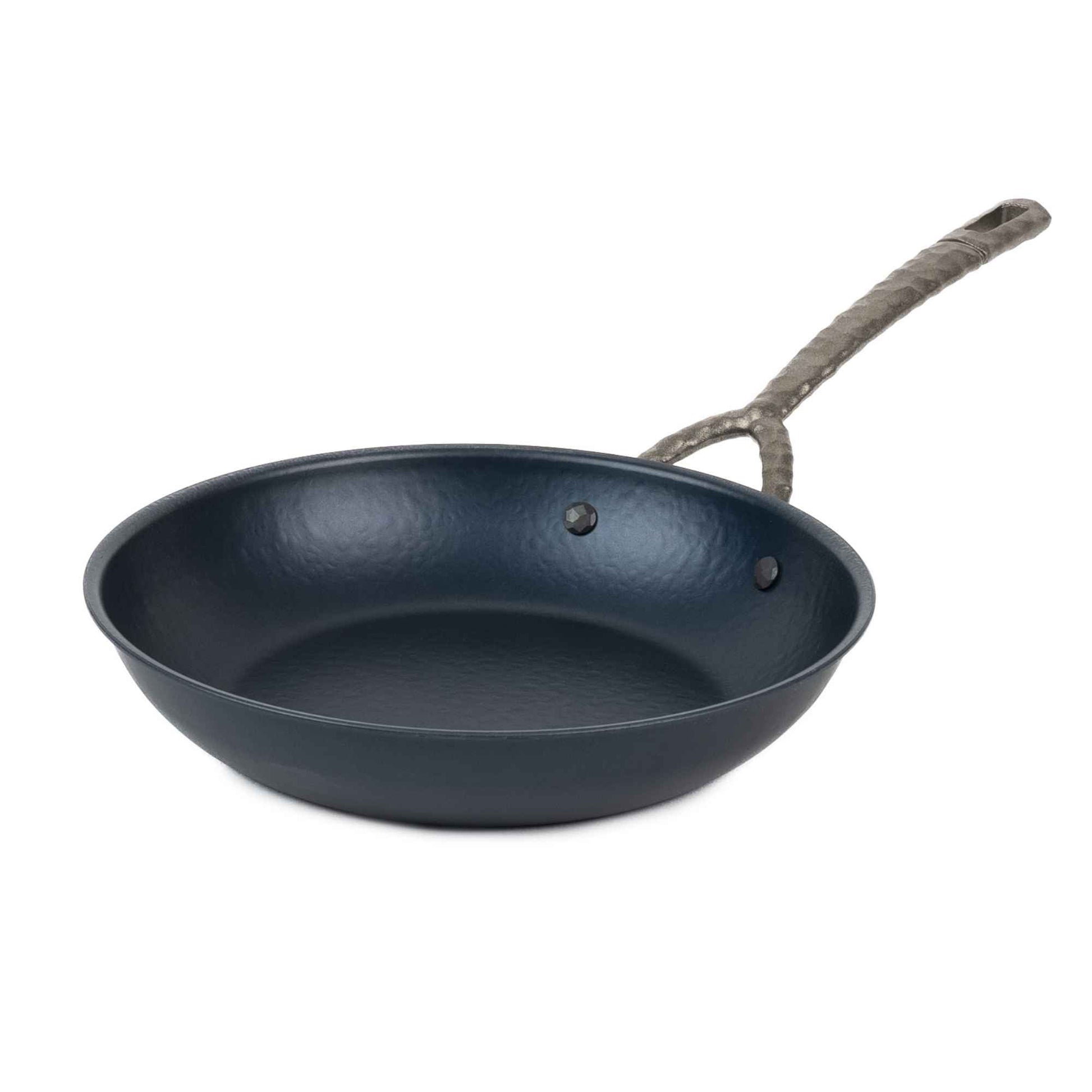 Carbon steel frying pan by Alva Cookware with a rope-wrapped handle and dark seasoned interior on Tampa Home & Garden Store