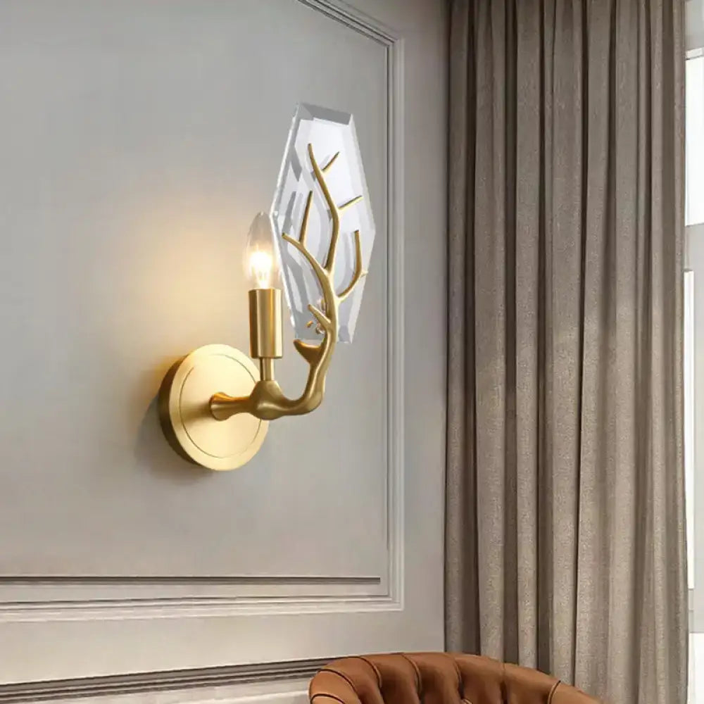 Gold Antler Crystal Lamp Decorbites wall sconce with clear geometric backplate and exposed bulb on Tampa Home & Garden Store