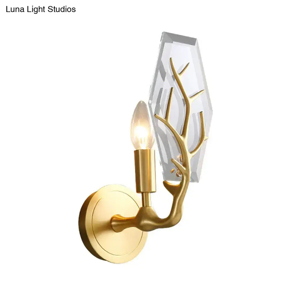 Gold antler crystal wall sconce lamp by Decorbites with brass finish and crystal backplate on Tampa Home & Garden Store