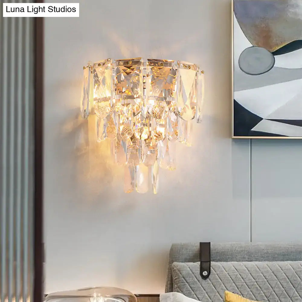 Gold crystal tiered lamp by Decorbites, crystal chandelier with prisms in a modern room on Tampa Home & Garden Store