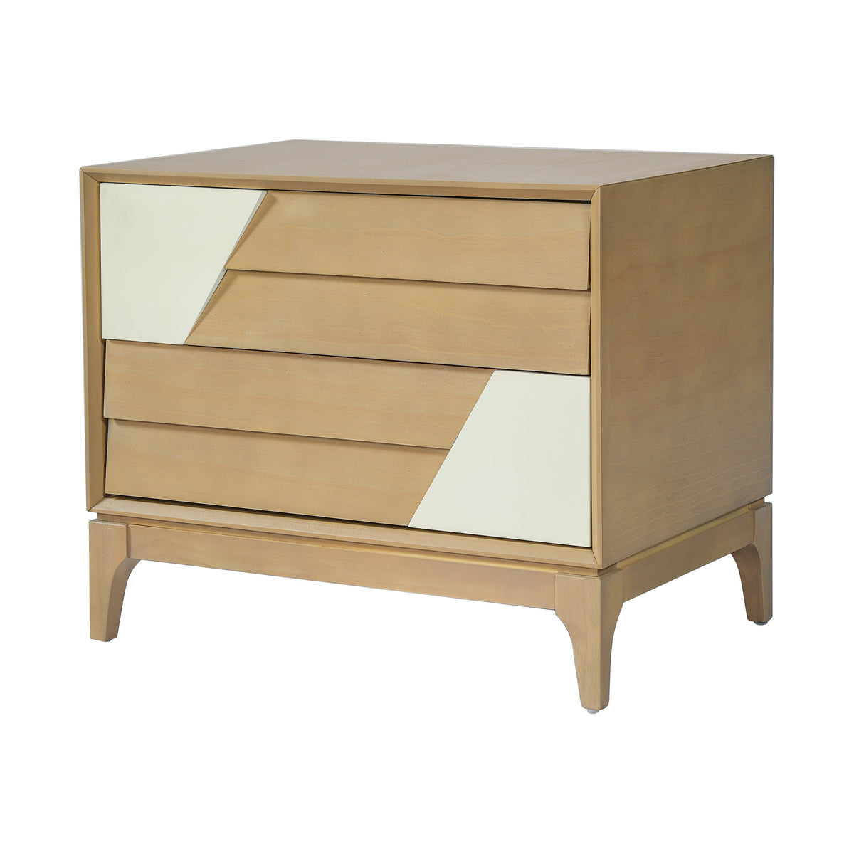 Modern brass-tone nightstand with angled white patchwork panels, Japandi style by HouseOfZazla on Tampa Home & Garden Store