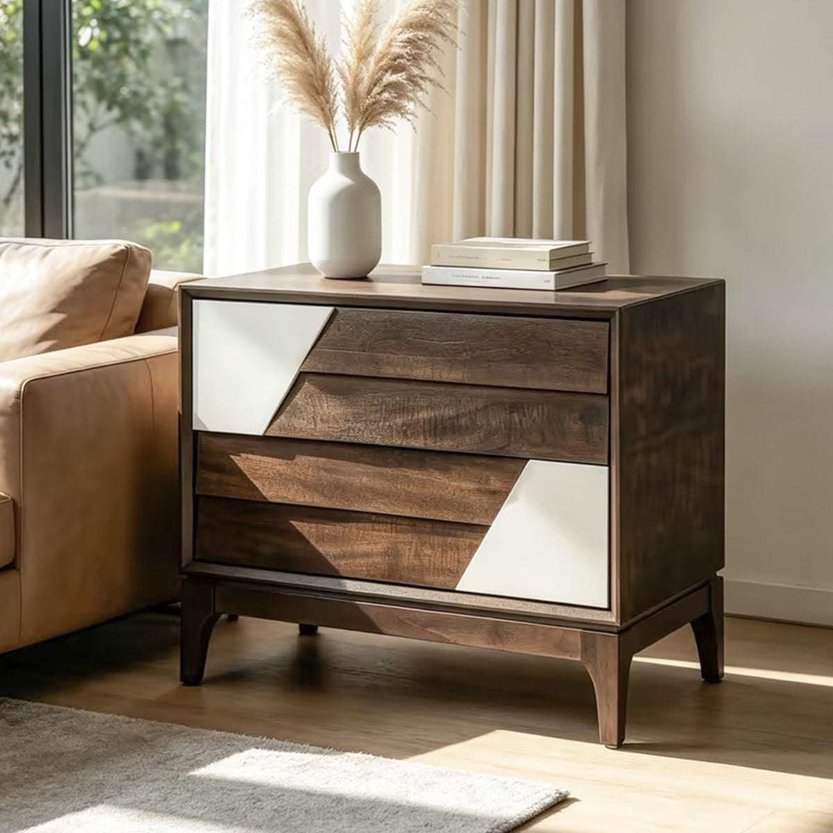 Two-tone modern 2-drawer nightstand with angled patchwork, Japandi table HouseOfZazla on Tampa Home & Garden Store